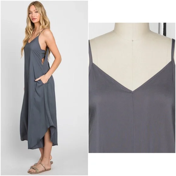 063 Solid Back Tie Cut out Wide Leg Cami Jumpsuit - Picture 3 of 5